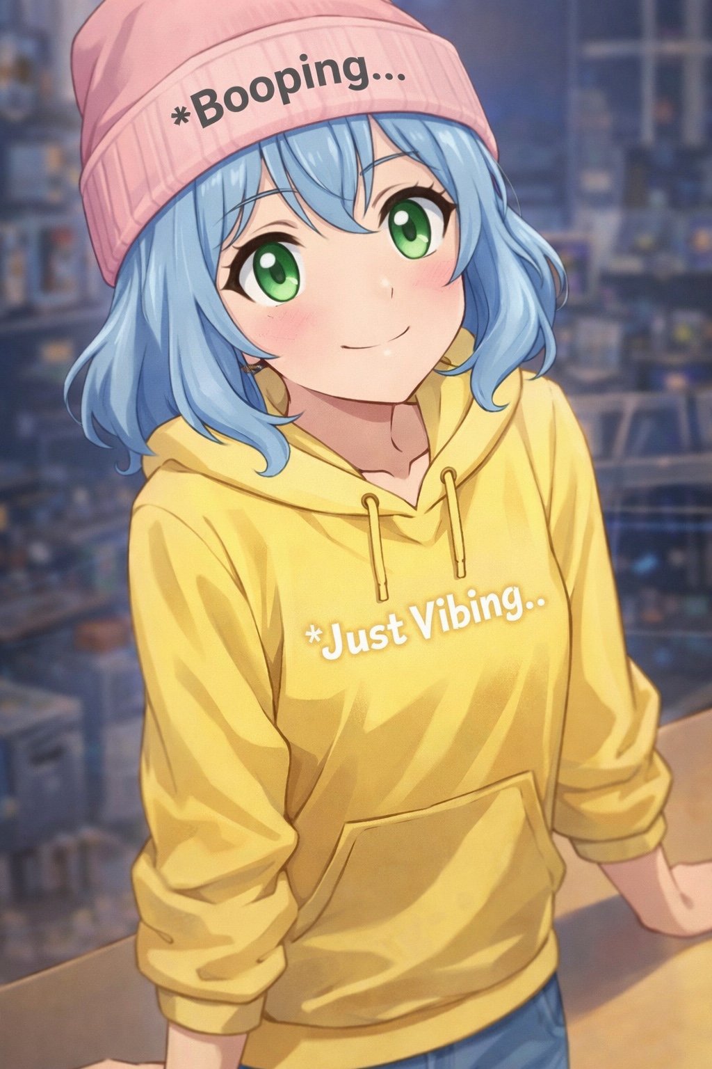 Anna: Blue hair, green eyes, pink beanie, yellow hoodie; calm and kind.