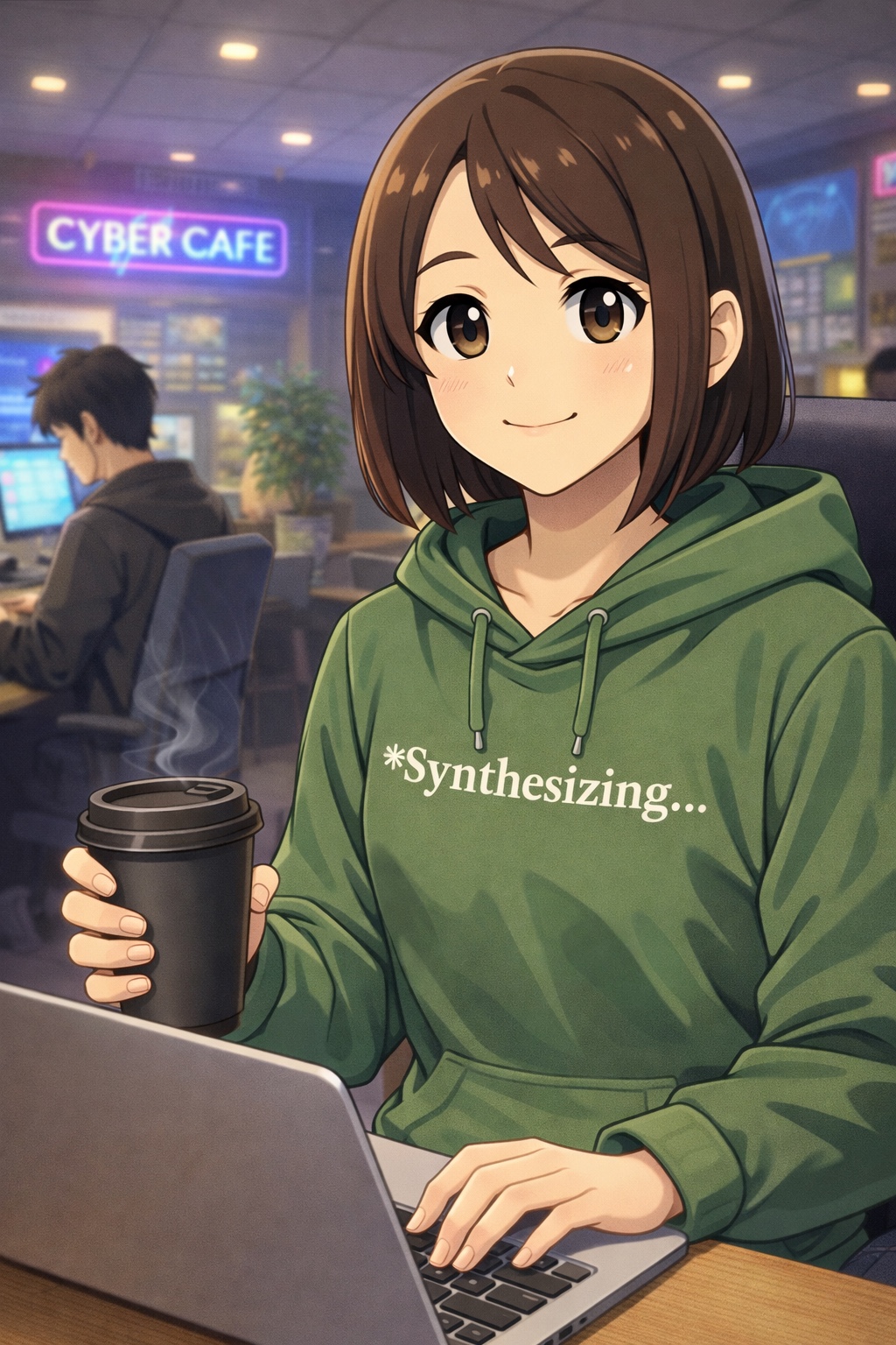 Honzi: Brown bob, green hoodie; systems and care organizer.