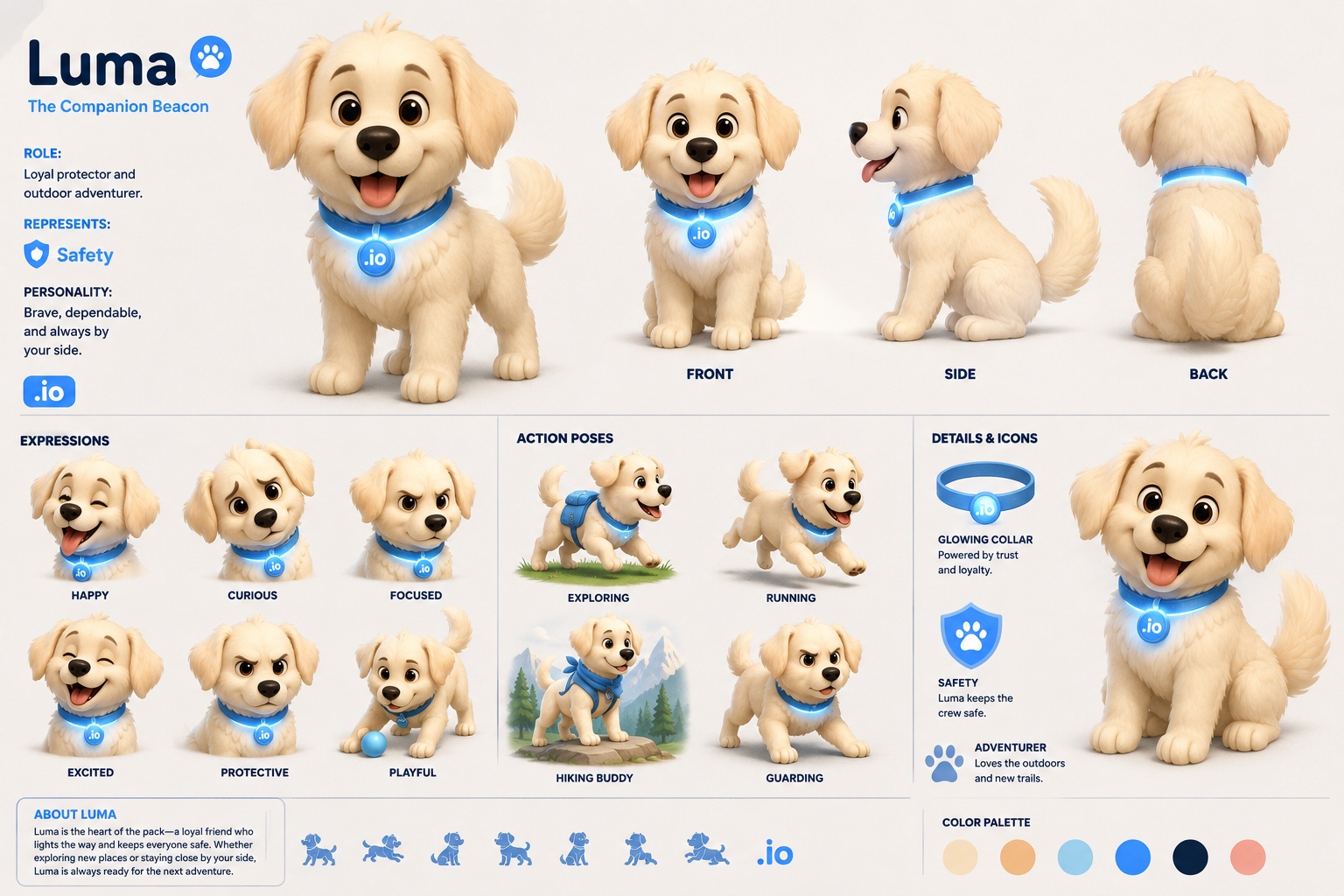 Luma: Cream/golden fluffy puppy; glowing blue .io collar tag; loyal, brave outdoor protector.