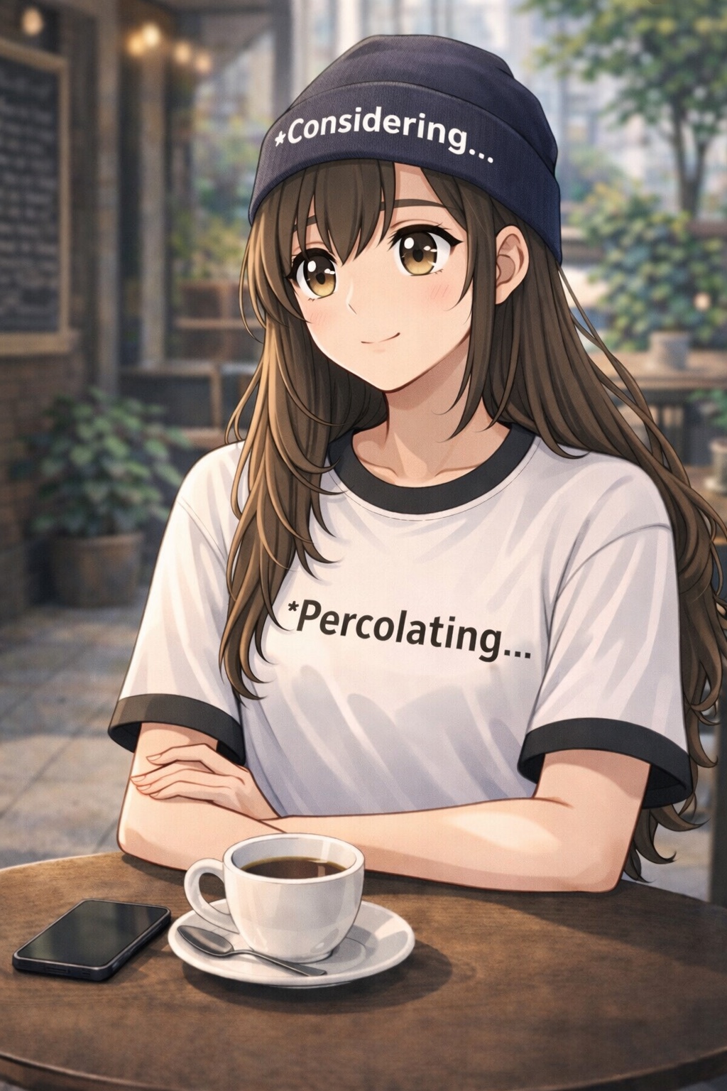 Sasha: Long brown hair, dark beanie, white ringer-style shirt; thoughtful and analytical.
